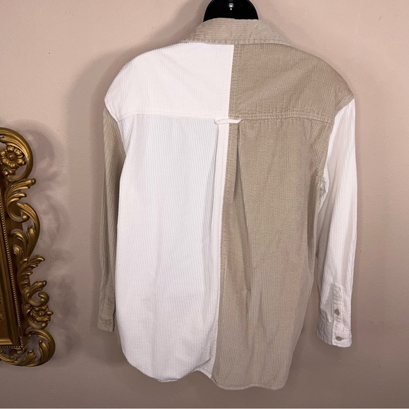 Small American Eagle Outfitters Colorblock Corduroy Button Up Top Beige White - Picture 7 of 15